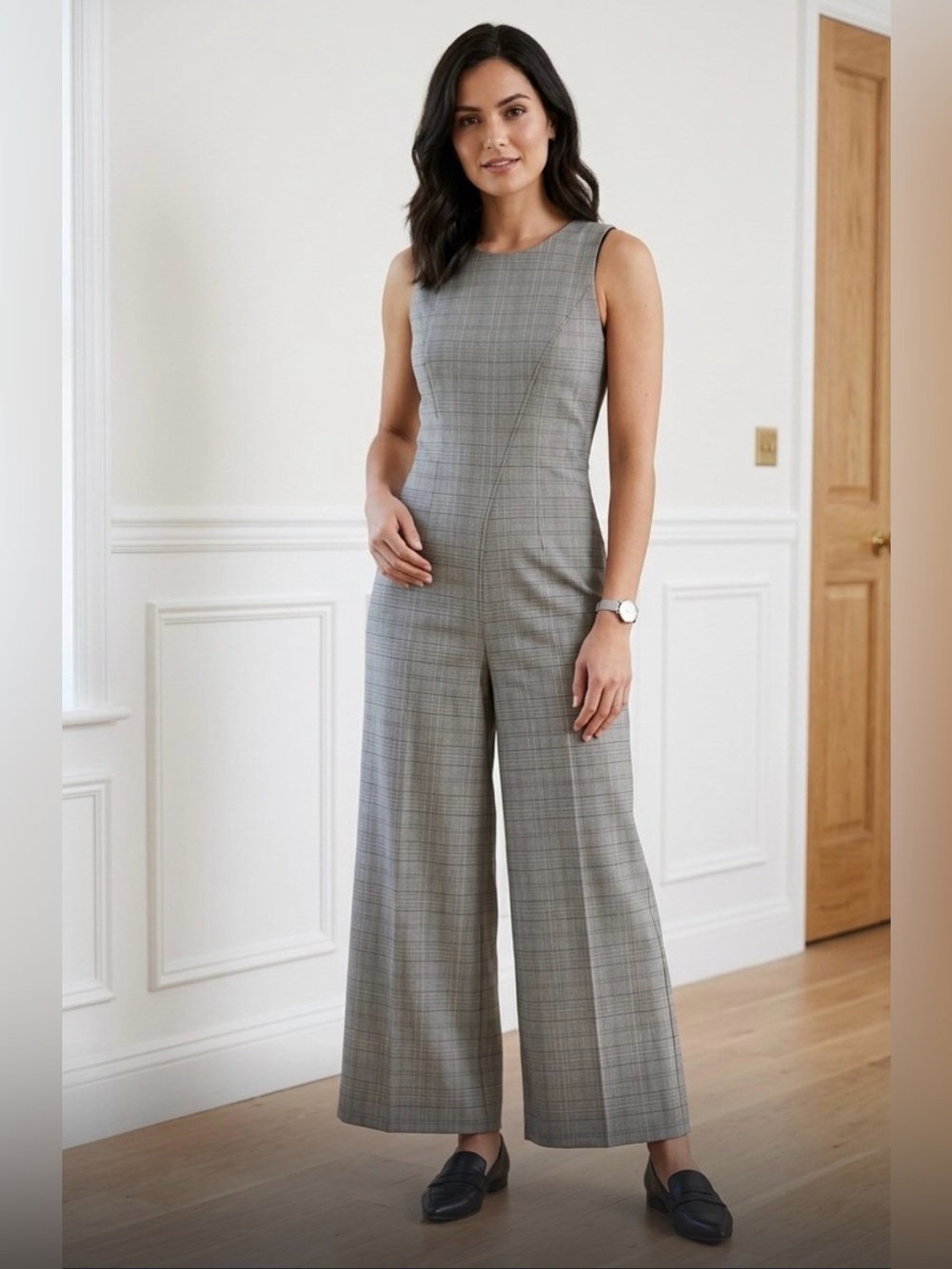 Anthropologie Adria Moss Gray Plaid Sleeveless Wide-Leg Jumpsuit. Size 12